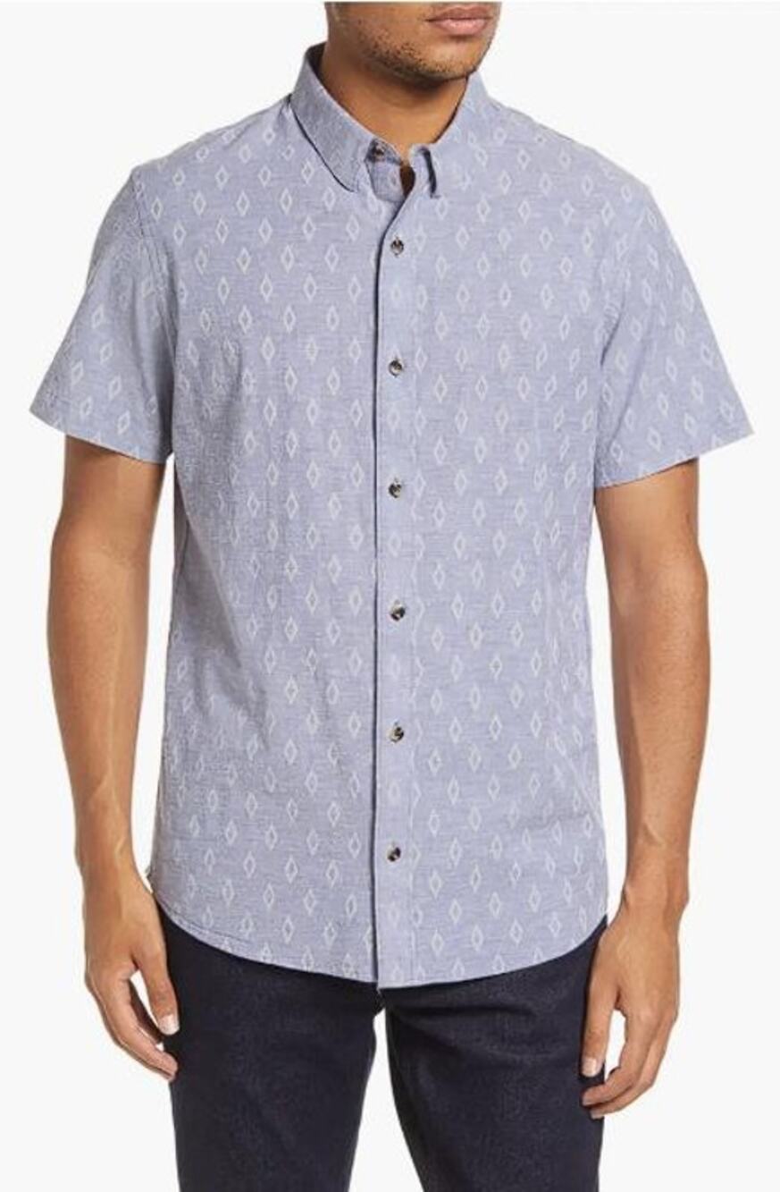 TRAVIS MATHEW Men's Strand Diamond Print Short Sleeve Button-Up Shirt Size L